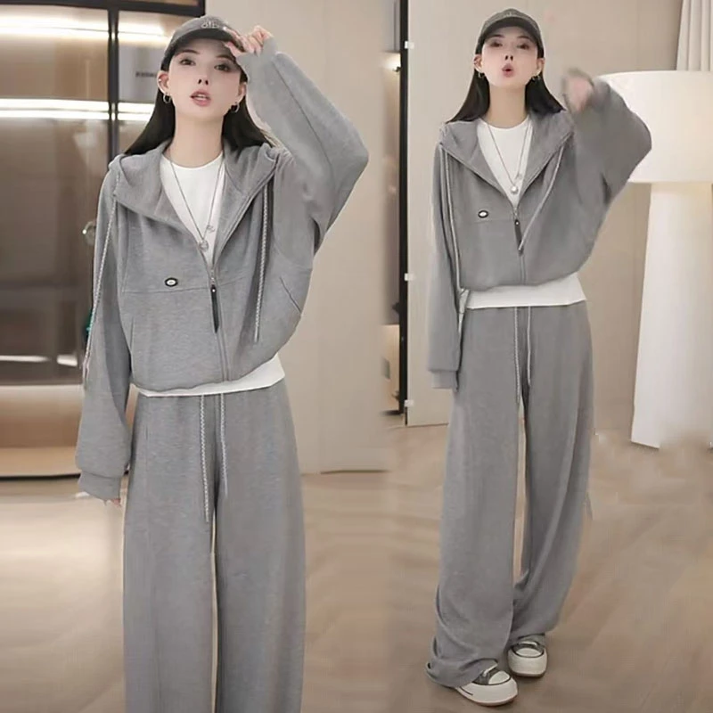 时尚休闲套装女2025秋季新款时髦洋气连帽开衫阔腿裤运动两件套潮