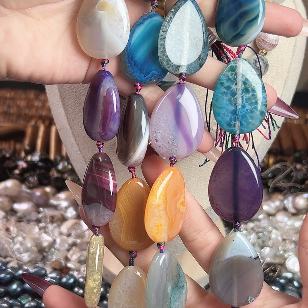 玛瑙/玉髓合金珠宝半成品b56 34*24.5m 彩虹水滴玛瑙一条