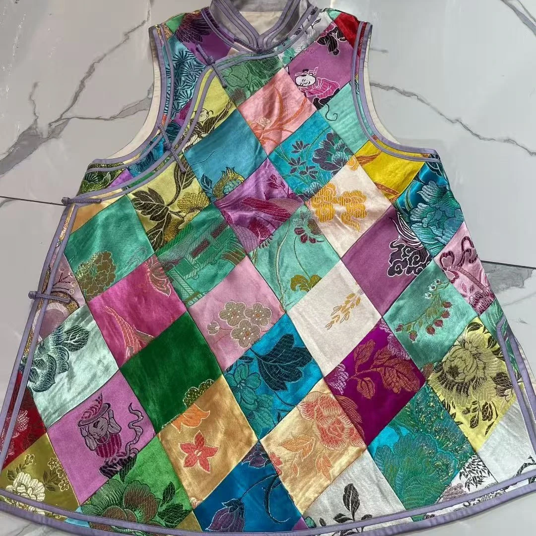 植物花卉拼接复古圆领优雅风马夹针织花色夏款双面