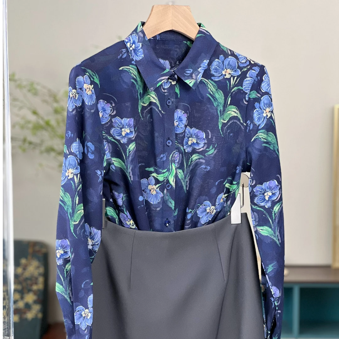 【夕落】春季蓝色碎花轻薄气质洋气时尚女士衬衫印花上衣减龄衬衣