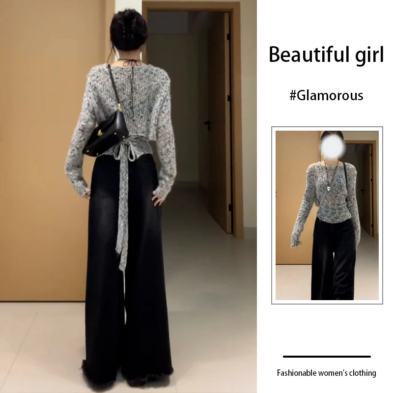 韩系chic复古软糯慵懒风上衣设计感小众灰色针织T恤女牛仔裤套装