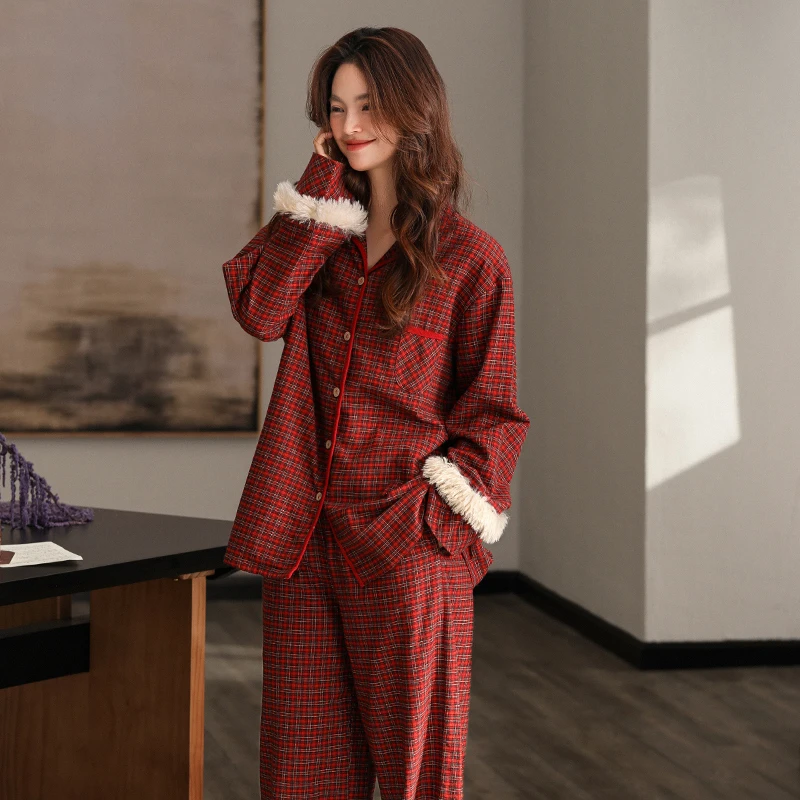 长袖纯棉睡衣女春秋季2025新款本命年红色结婚格子家居服大码套装