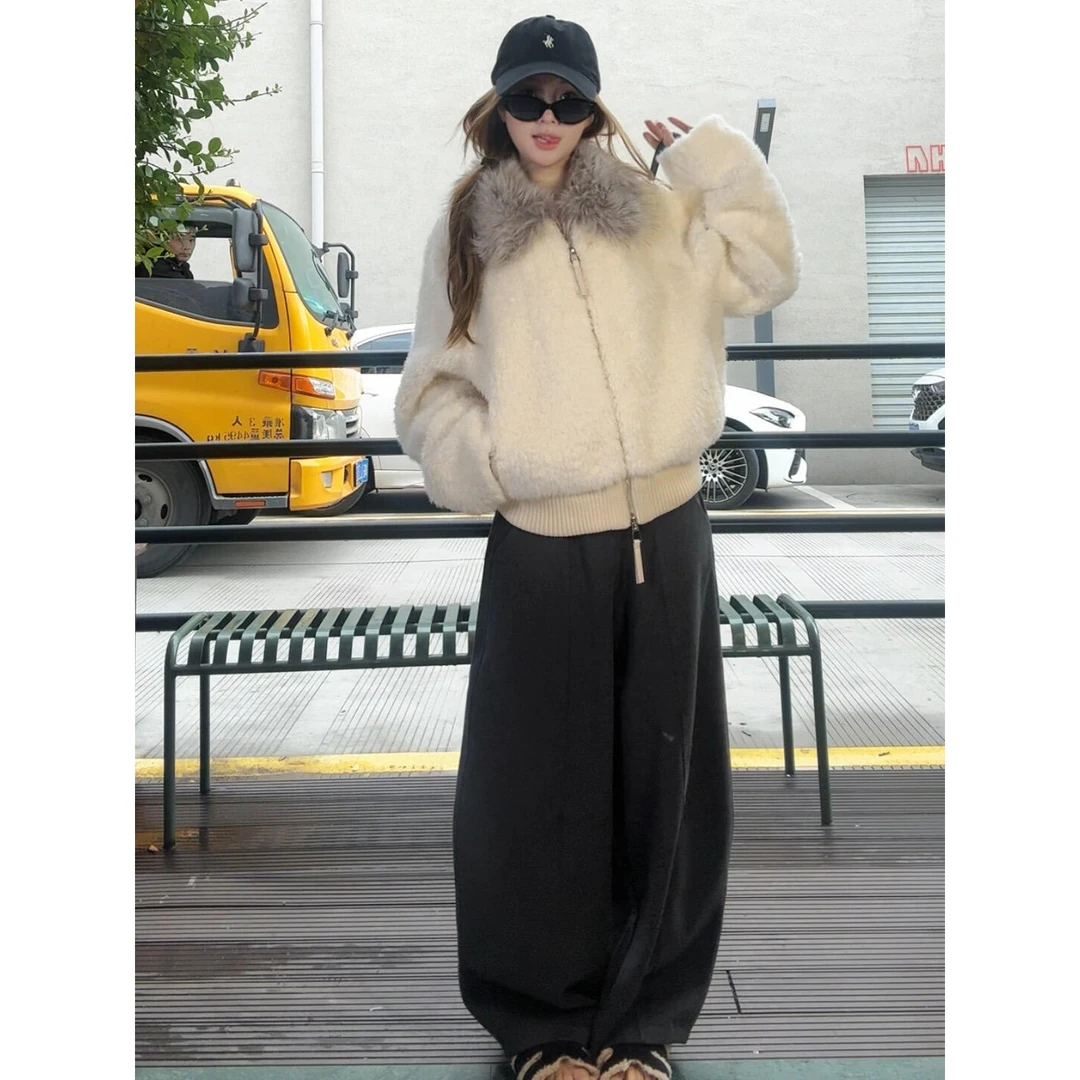 韩系大毛领毛毛短外套女保暖加厚弯刀裤宽松显瘦休闲阔腿镰刀裤女