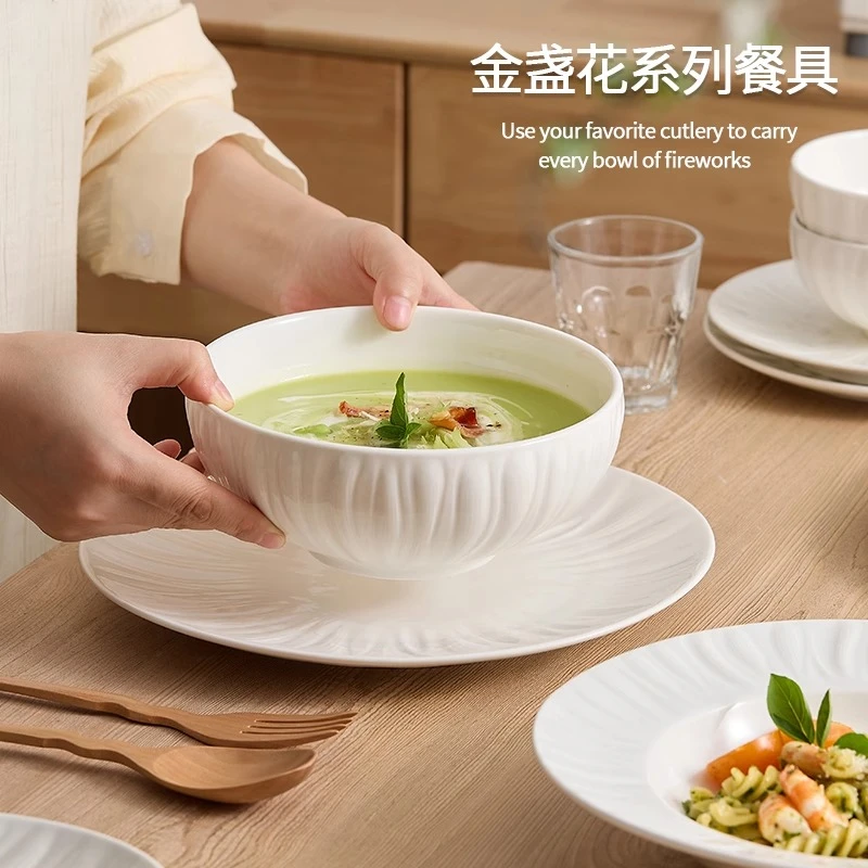 一亨餐具家用新款米饭碗汤面面碗釉下彩轻奢创意日式竖纹早餐碗