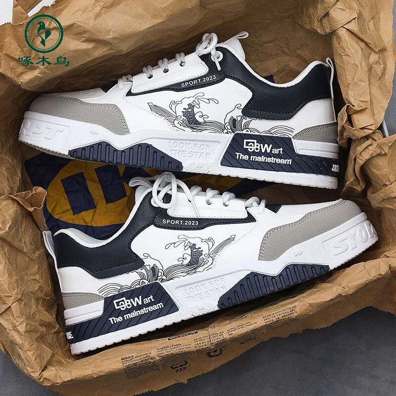 【啄木鸟】国潮男鞋秋秋小众原创百搭增高小白秋冬手男秋季真皮板鞋