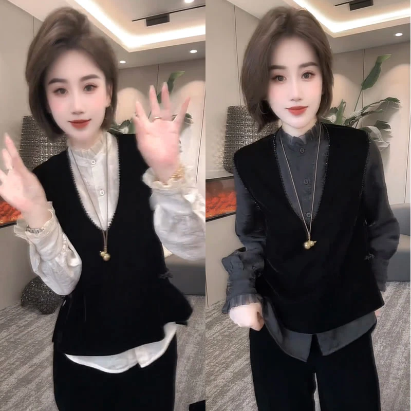 （有运费险）高级感老钱风浮光衬衫丝绒马甲两件套秋季新款时尚套装