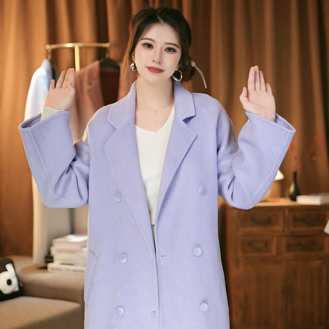 【鹿溪儿】双面绵羊毛桑蚕丝兔毛插肩袖西装领大衣