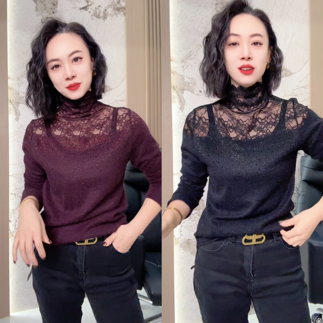 拼接蕾丝水貂绒新款长袖上衣打底