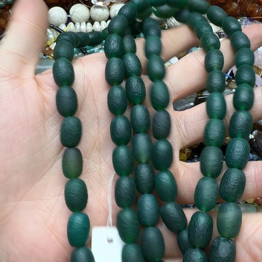 玛瑙/玉髓合金珠宝半成品一条10x14mm绿橘皮桶珠