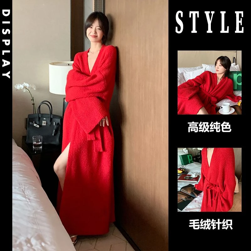 过年喜庆半边绒针织开衫睡衣女冬款新款加绒保暖家居服睡袍睡裙