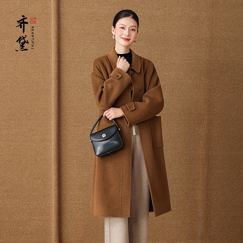 齐黛咖色大衣女双面羊绒2025秋冬新款中长款气质妈妈羊毛呢子外套