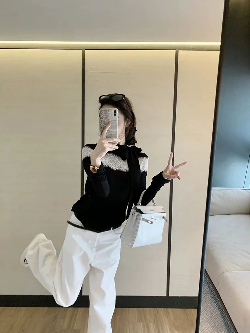 2026秋冬新款小香风法式绝美蕾丝拼接设计外穿上衣百搭直筒裤套装