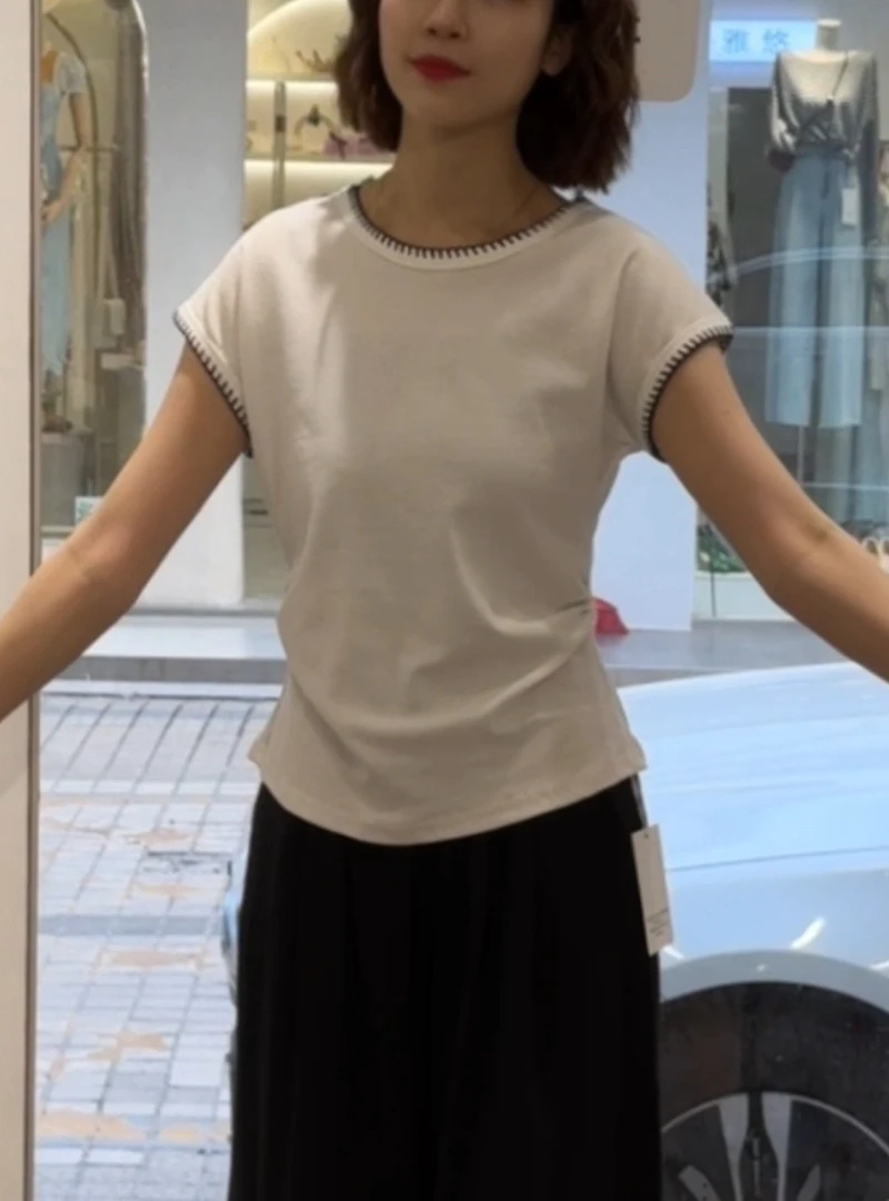 辣妹夏新款女t恤短袖修身显瘦设计感小众百搭短黑白上衣内搭