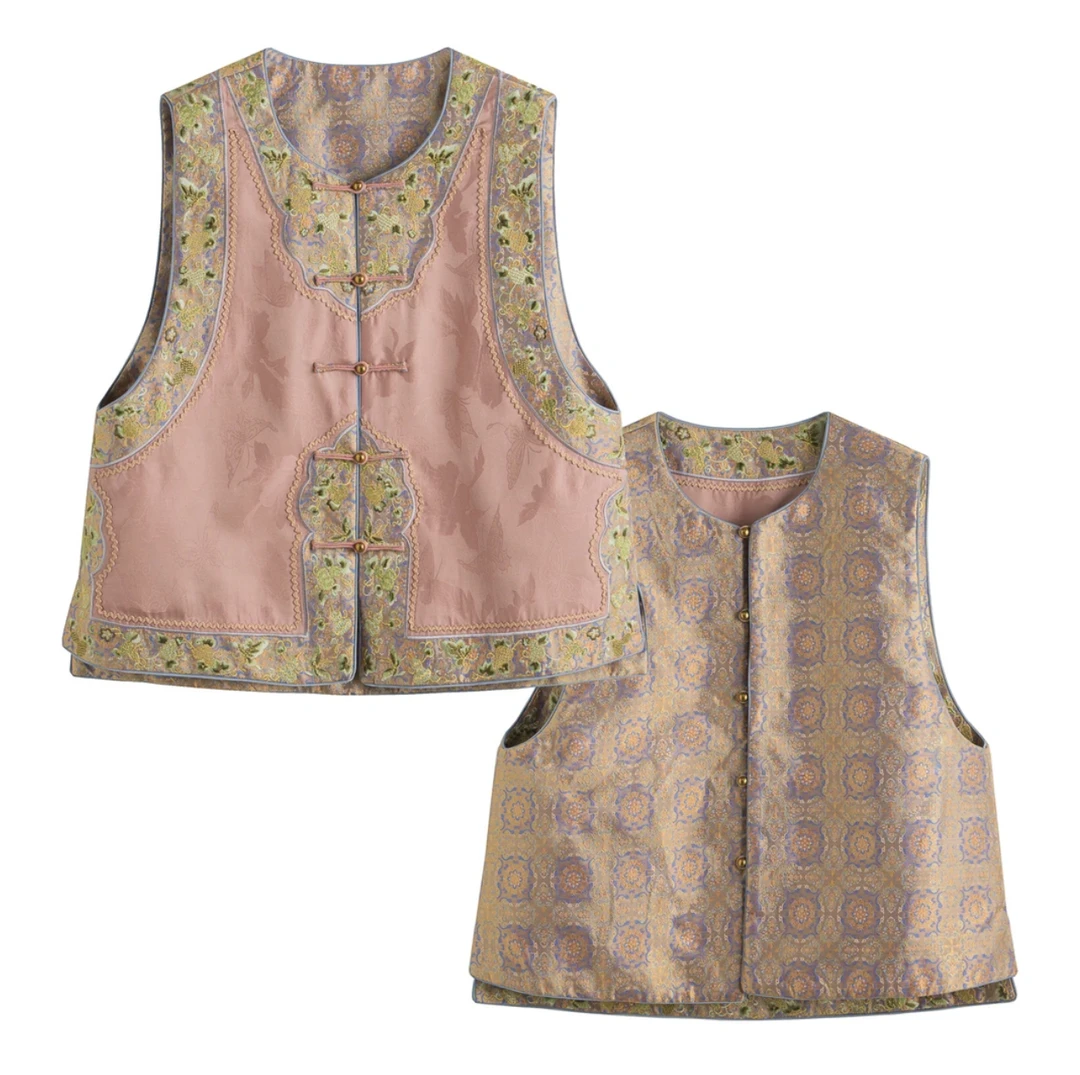 娜娜服饰——新中式国潮风暗纹提花盘扣真丝宋锦气质百搭复古马甲