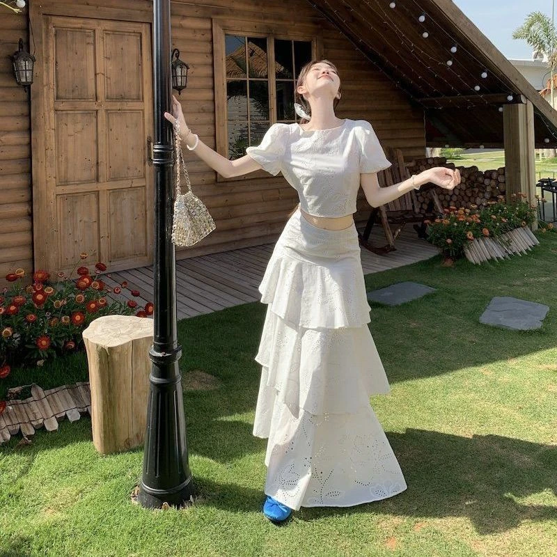 法式温柔风甜美气质减龄套装女夏季短袖衬衫高腰蛋糕半身裙两件套