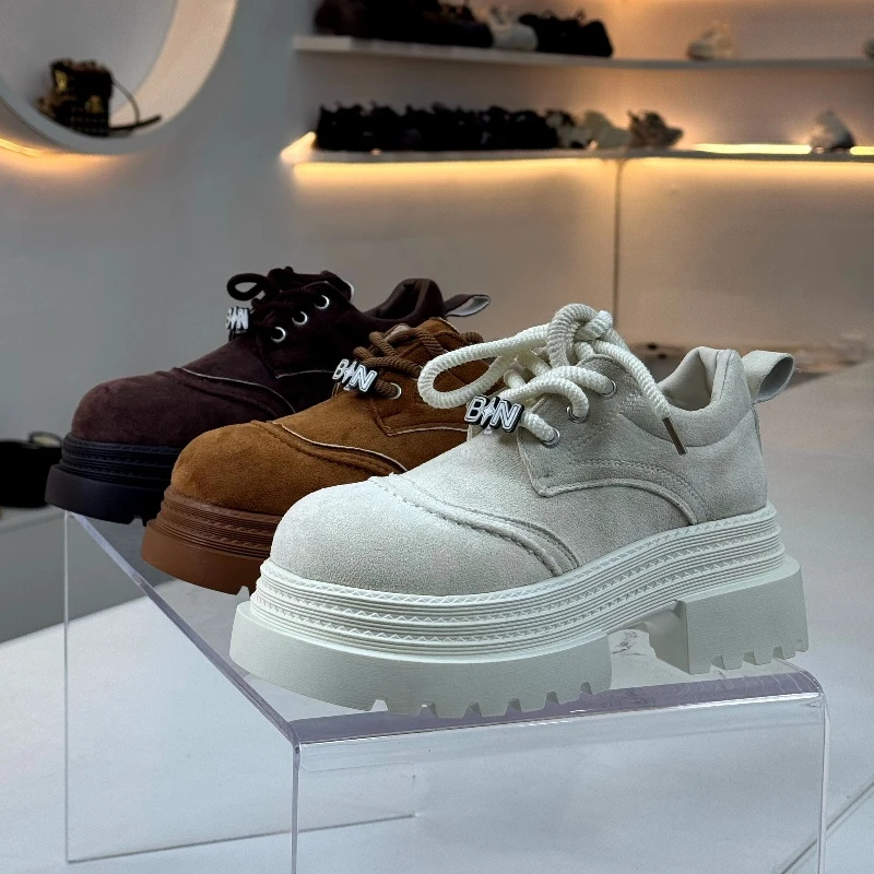 棕色圆头英伦松糕鞋女2025新款春季欧洲站复古增高低帮百搭单鞋子