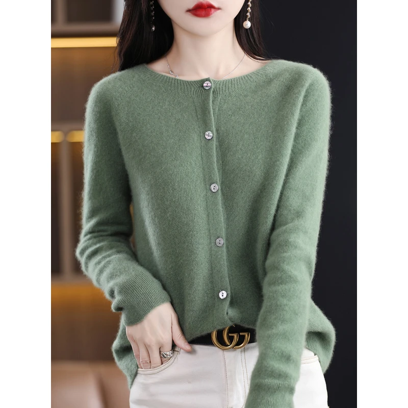 女100纯羊毛秋冬季桂花针圆领开衫针织衫上衣大衣打底衫