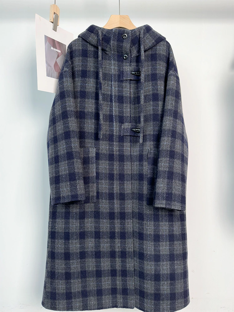 复古格纹连帽大衣女长款韩版宽松秋季羊毛大衣8050