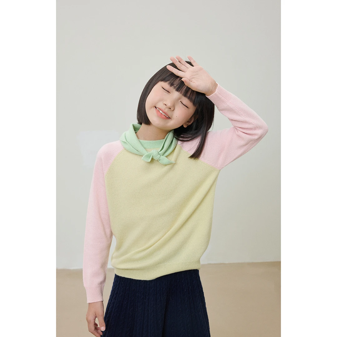 亲子男女儿童休闲风撞色圆领山羊绒毛衣针织衫拼色可爱风T25109