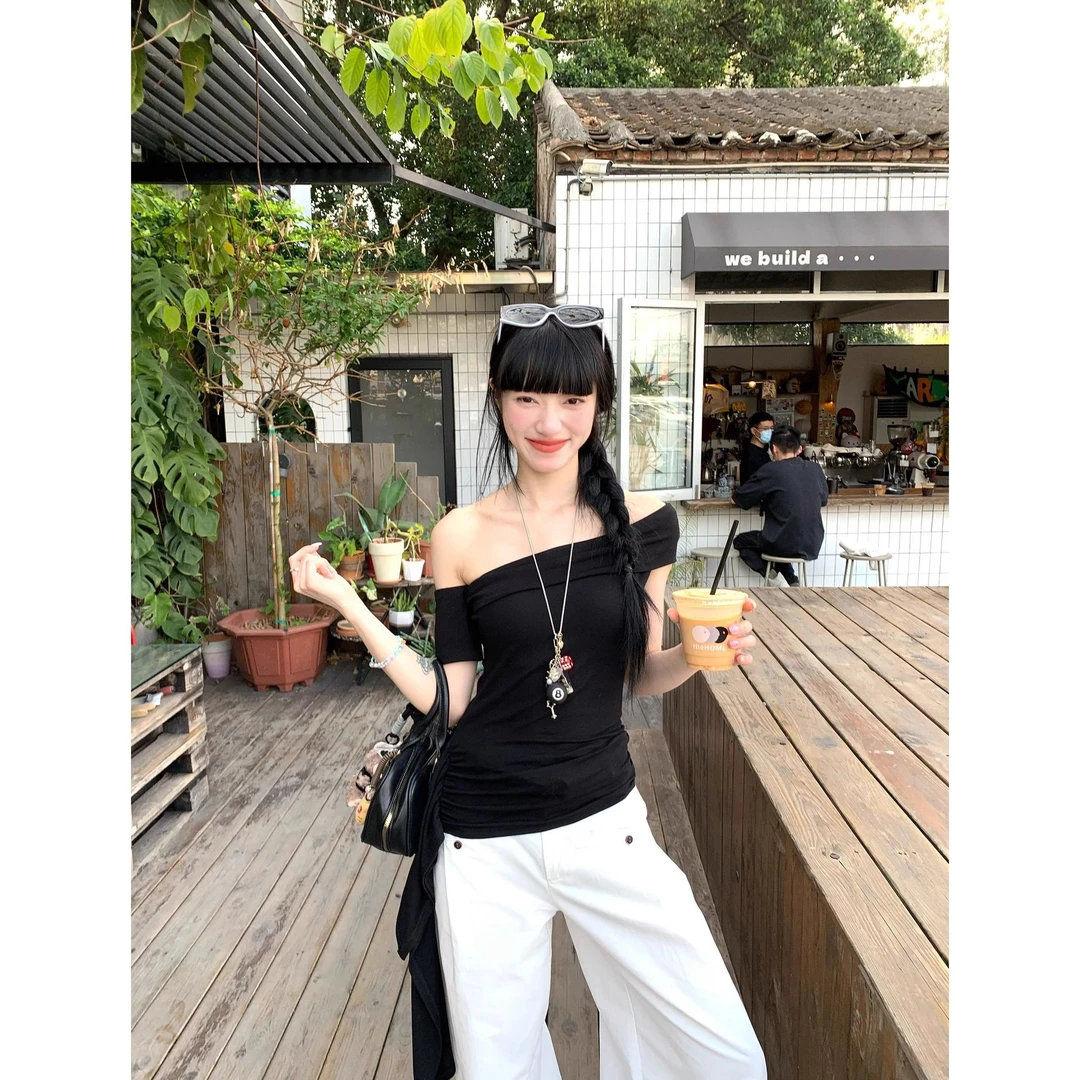 一字肩性感短袖恤女夏季修身显瘦打底辣妹小众斜肩短款露背上衣