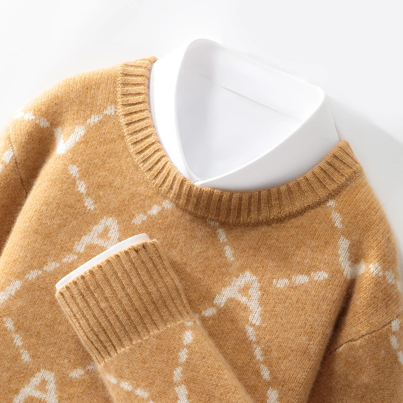 男神必入！秋冬新款100澳洲羊毛衫男圆领AC拼色时尚潮流套头打底衫