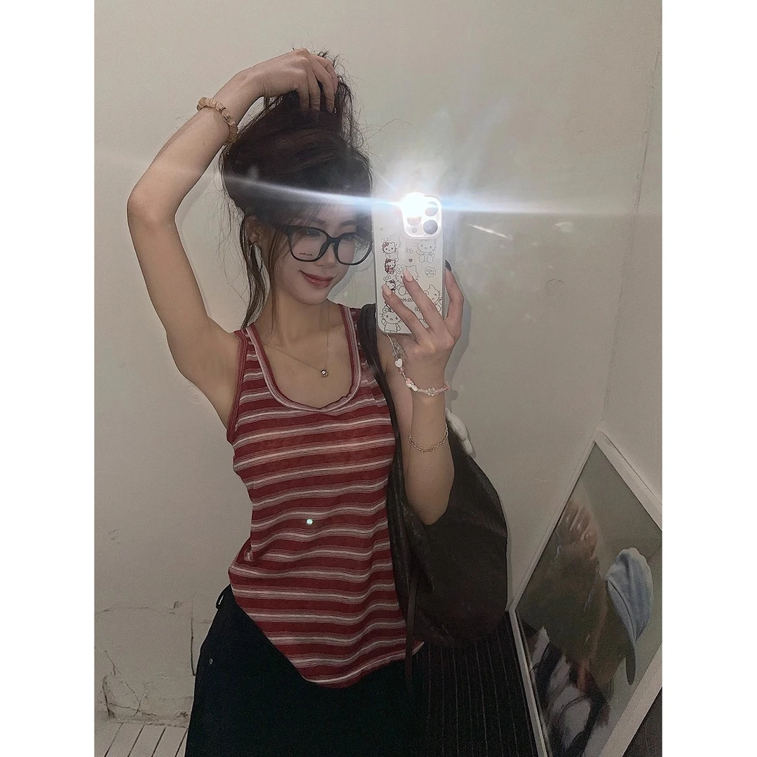 独特漂亮红色条纹吊带背心女装夏季别致绝美修身内搭港风无袖上衣