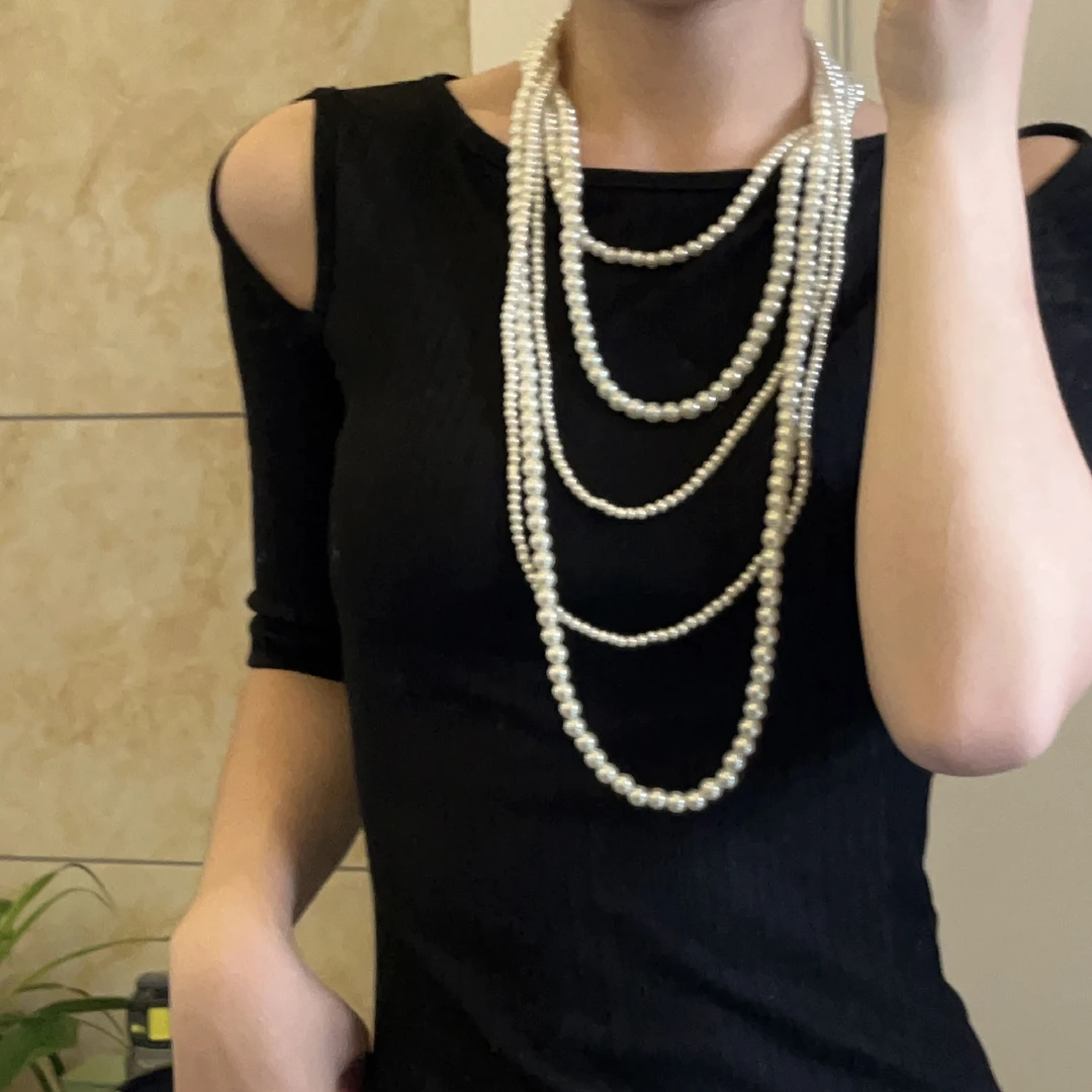 合金项链 多层叠戴玻璃仿珍珠项链女时尚颈链小众高级毛衣链