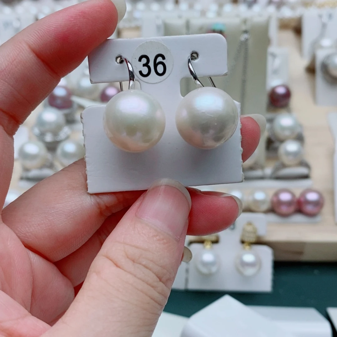 春****耳饰银S925镶嵌淡水珍珠14.5mm
