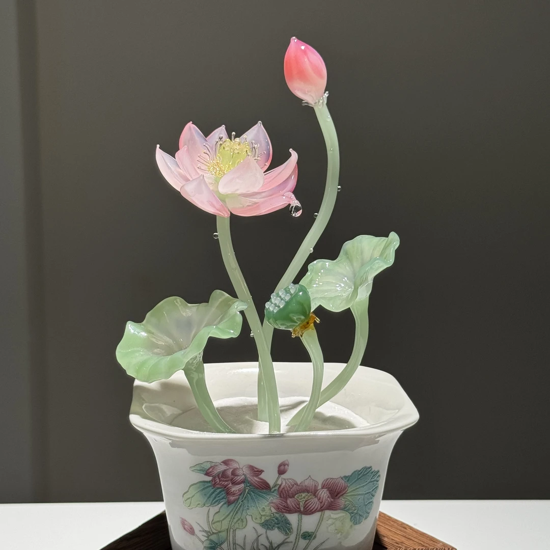【粉黛】纯手工琉璃花荷花办公室居家桌面装饰摆件创意礼物