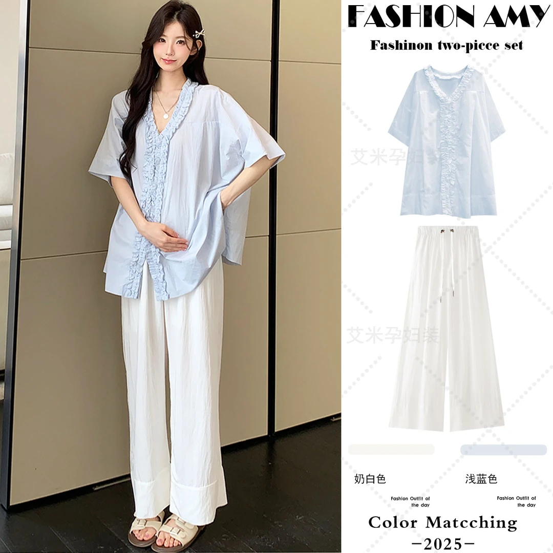 孕妇套装夏装新款时尚韩版宽松V领短袖衬衫上衣休闲阔腿直筒裤子1