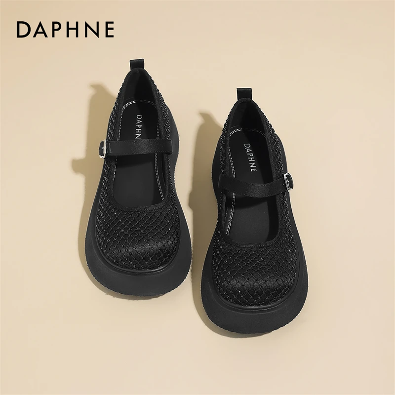 达芙妮2025春季新款水钻黑色玛丽珍女鞋浅口厚底增高英伦风小皮鞋