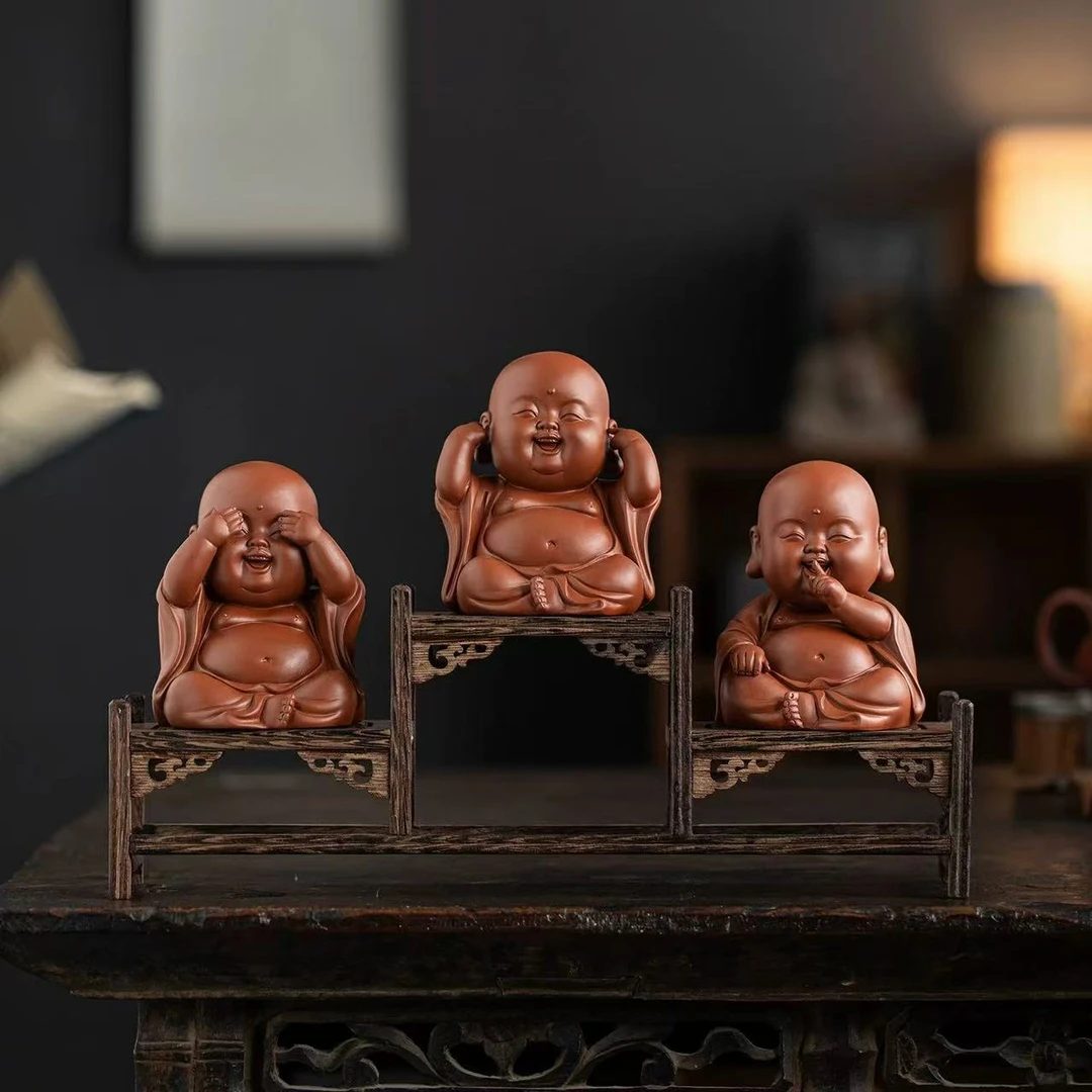 紫砂三不弥勒佛摆件可爱笑佛茶桌茶玩装饰家居创意茶道桌面摆件