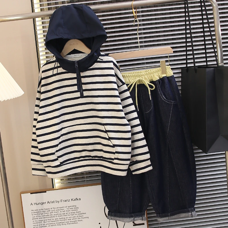 【半拉链帽衫】儿童条纹卫衣2025新款男女童春秋装连帽长袖两件套潮
