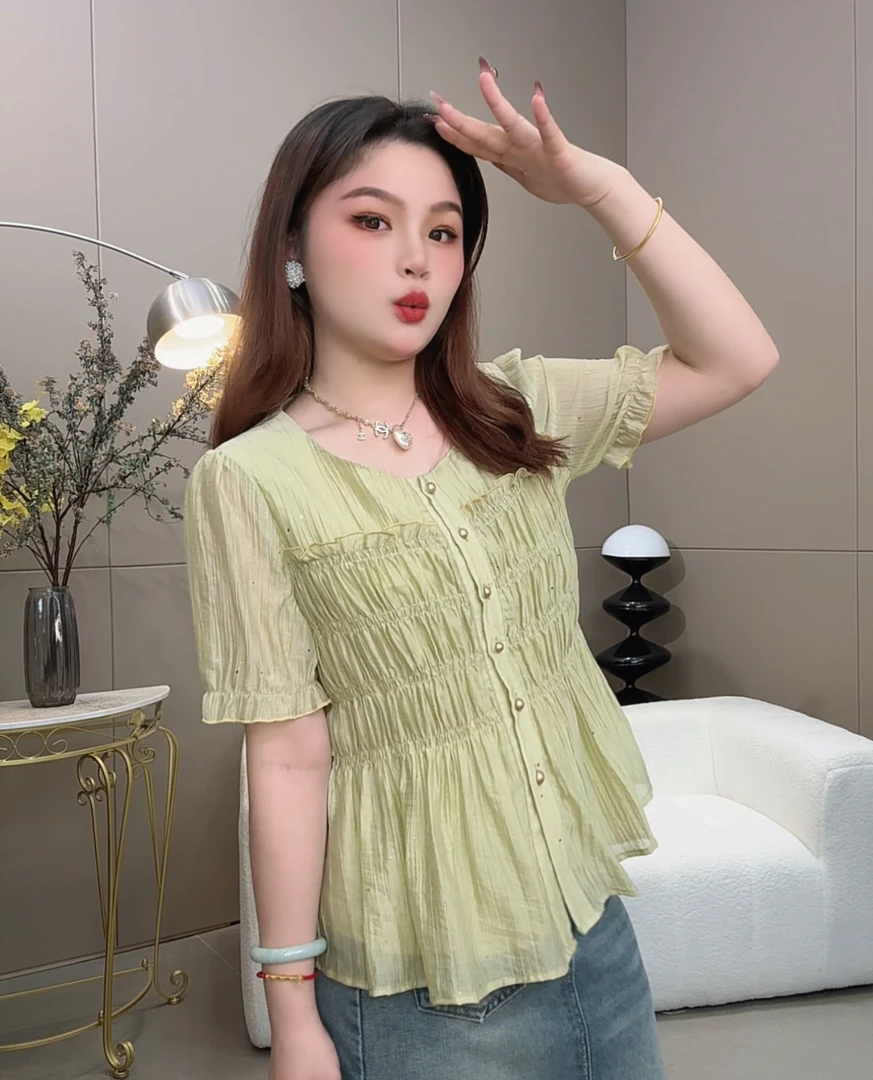 大码女装胖mm夏季新款法式甜美小清新圆领短袖女收腰设计上衣