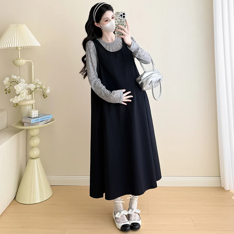 孕妇装秋装百搭减龄2025新款背带裙套装清新小波点+背心裙两件套