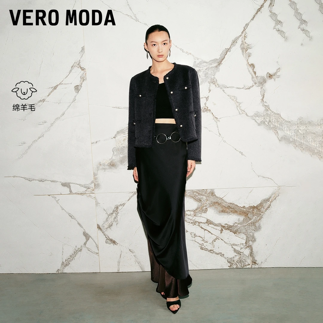 Vero Moda毛呢外套25新款纯羊毛流苏包边上衣气质流光风32534T002