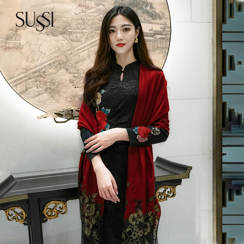 SUSSI/古色【新年献礼】复古长款中式提花轻奢黑金蕾丝羊毛围巾