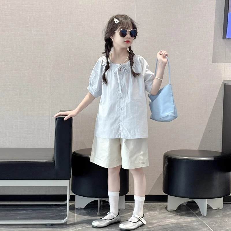 女童夏装短裤套装2025新款女大童夏季洋气衬衫女孩夏日韩版娃娃衫