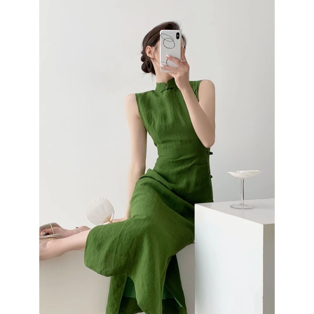 苔绿复古长款原创新中式改良气质日常旗袍裙国风连衣裙2025新款