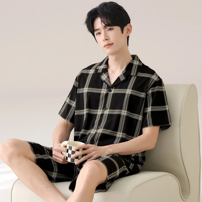 莫代尔睡衣男士夏季薄款2025新款可外穿夏天高级感格子家居服套装