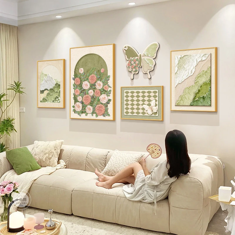 奶油风玫瑰客厅装饰画2025新款组合壁画简约高级感沙发背景墙挂画