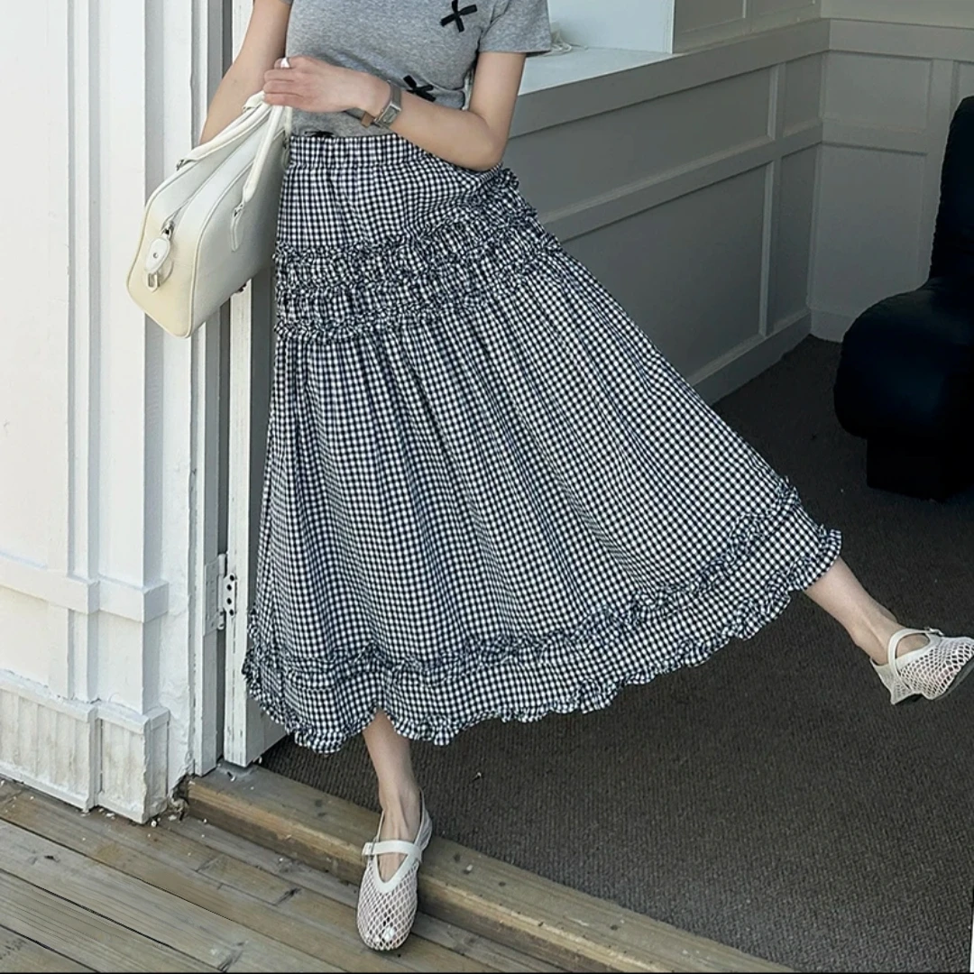 新款大码D68欧若风穿搭高腰显瘦时尚木耳边格子半身裙