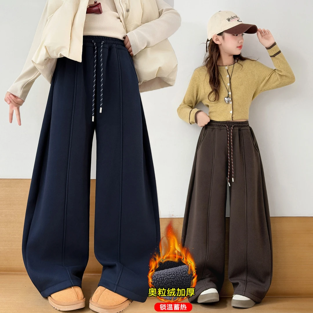 女童冬季新款2025加绒加厚奥利绒毛呢弯刀裤中大童保暖休闲裤显瘦