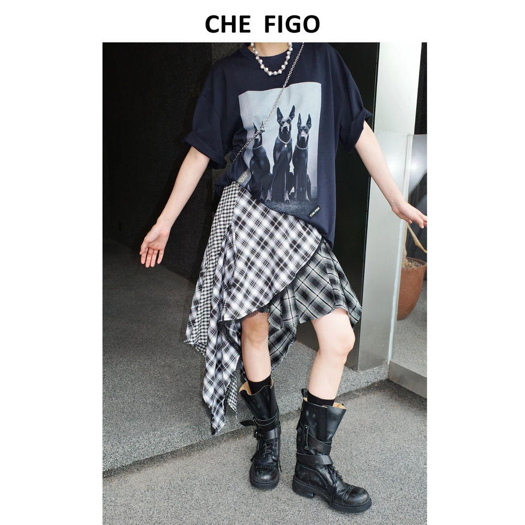 CHEFIGO不规则拼接格纹半身裙