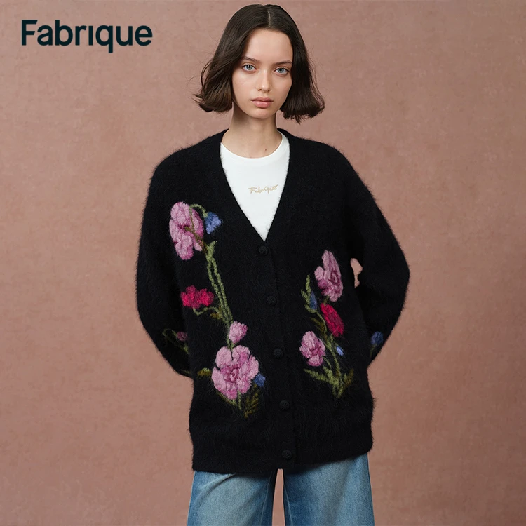 Fabrique孙俪同款【凝夜虞美人】秋冬空气层提花刺绣羊驼毛针织开衫