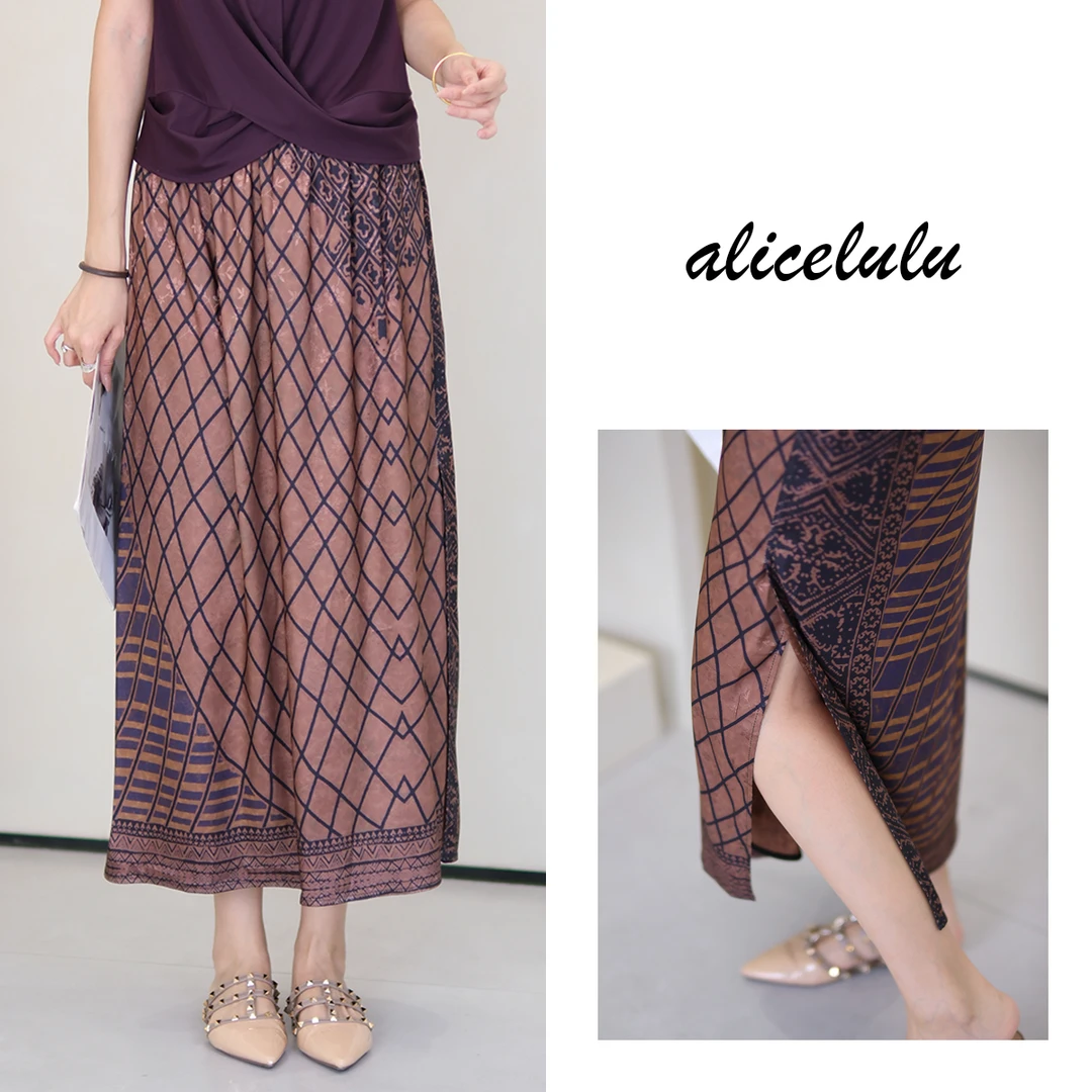 [alicelulu]复古轻奢半身裙印花格纹气质时尚显瘦S622585W