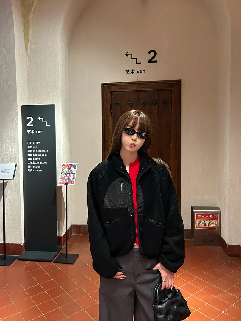 D YANGJUN 【年中福利】黑色时尚女装摇粒绒外套设计感小众上衣