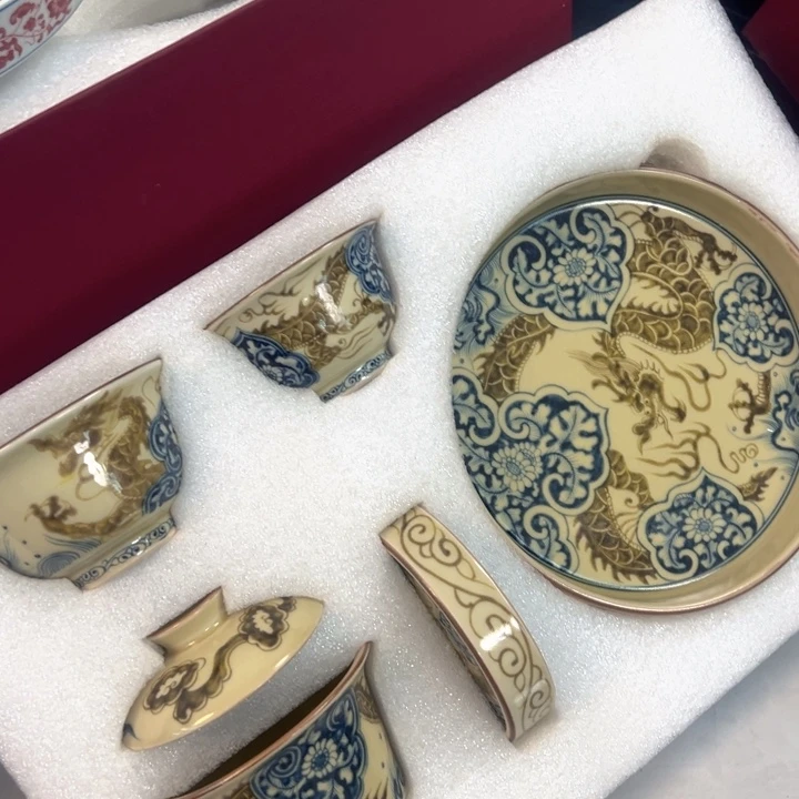 瓷片釉里金穿花龙五件套全品
