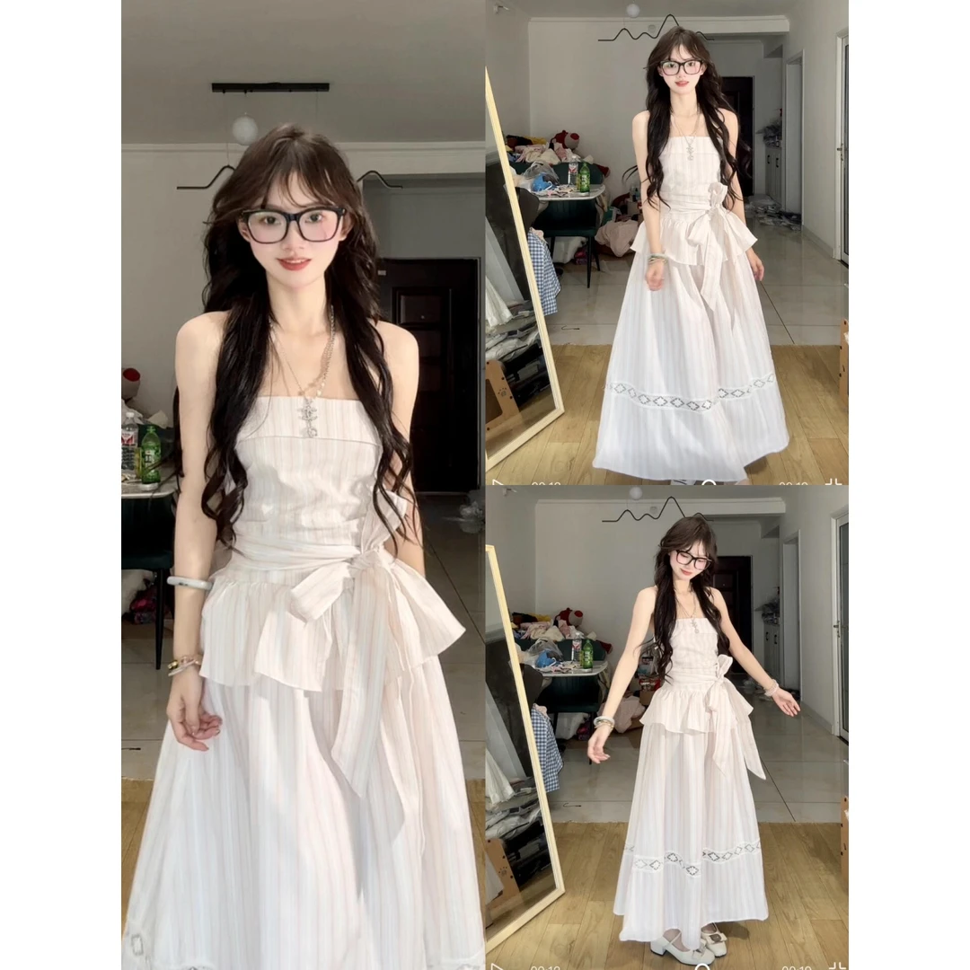 法式气质甜系纯欲风连衣裙女夏季新款2025时尚条纹假两件中长裙子