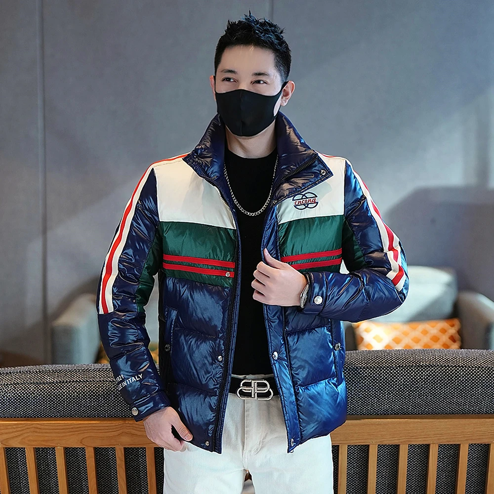 2025冬季新款男士轻奢立领织带拼接修身保暖抗寒高品质休闲羽绒服